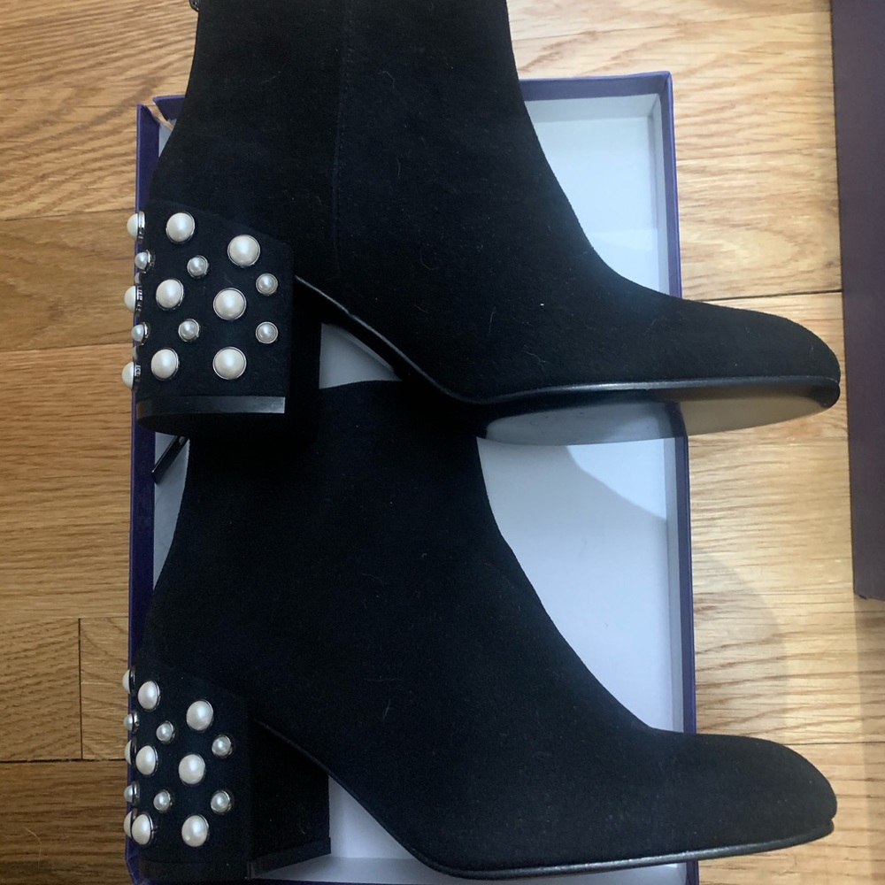 Stuart Weitzman Black Suede Pearl Heel Boot